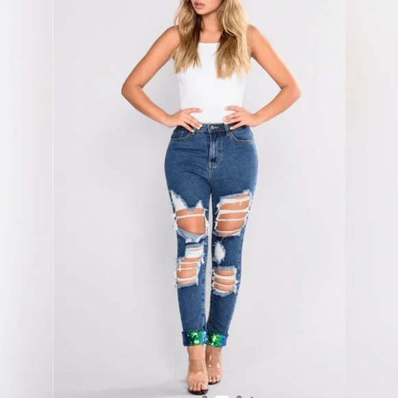 Fashion Nova Blue Distressed Skinny Jeans with Sequin Cuffs 💚🍀☘️ - Picture 2 of 7